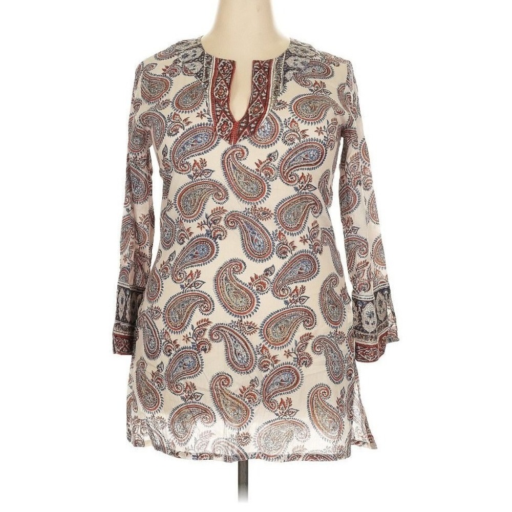 East Artisan Women Size 14 Cream Paisley Cotton Tunic Kurta Top Long Sleeve Boho